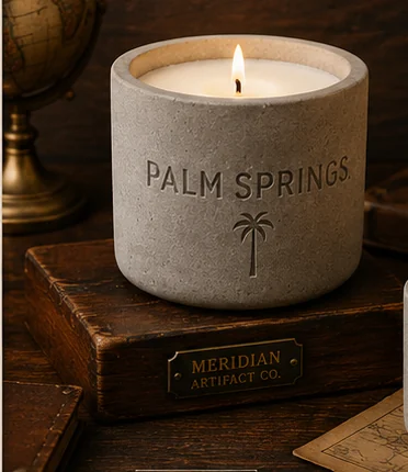 Palm Springs candle concept with a palm-tree motif, resting on a wooden box beside a brass globe