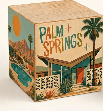 Two wooden picture cubes printed with Palm Springs and Cincinnati scenes