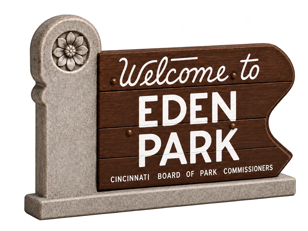 Miniature Eden Park welcome sign with a stone-look post